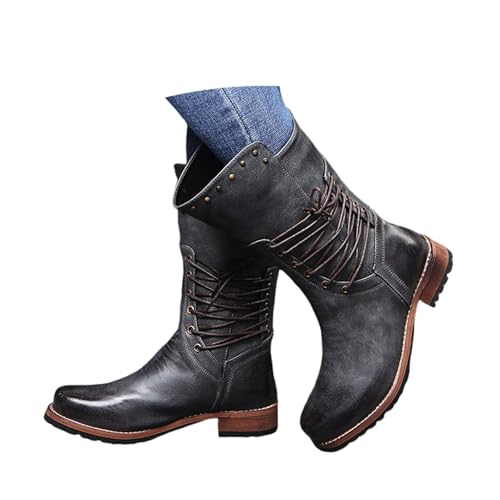 LDXEQIZ Niet Stiefeletten Damen Schnürung Kurze Stiefel Retro Combat Ankle Boots PU-Leder Biker Booties 2025 Frühling Knöchel Schuhe Mit Niedrigem Absatz(Gray,42 EU) von LDXEQIZ