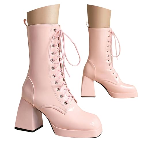 LDXEQIZ PU-Lackleder Stiefeletten Damen Square Toe Kurz Stiefel Gotisch Schnürstiefel Blockabsatz Ankle Boots Plateau Biker Booties Freizeit Knöchel Schuhe Für Outdoor, Party(Pink,38 EU) von LDXEQIZ