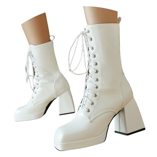 LDXEQIZ PU-Lackleder Stiefeletten Damen Square Toe Kurz Stiefel Gotisch Schnürstiefel Blockabsatz Ankle Boots Plateau Biker Booties Freizeit Knöchel Schuhe Für Outdoor, Party(White,39 EU) von LDXEQIZ