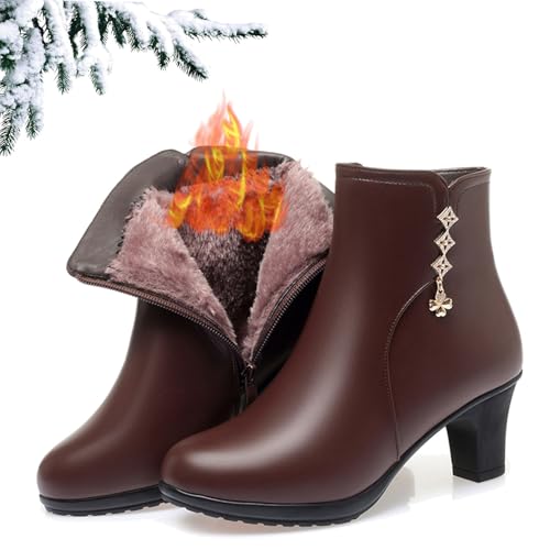 LDXEQIZ PU-Leder Stiefeletten Damen Plüsch Gefüttert Booties Winter rutschfest Warm Schneestiefel Strassschnalle Ankle Boots Blockabsatz Knöchel Schuhe Für Party(Brown,37 EU) von LDXEQIZ