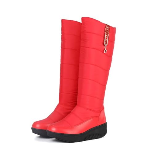 LDXEQIZ Plateau Schneestiefel Damen Langschaft Boots Winter Wasserdicht Daunen Hohe Stiefel Warm Plüsch Gefüttert Schlupfstiefel Für Outdoor(Red,37 EU) von LDXEQIZ