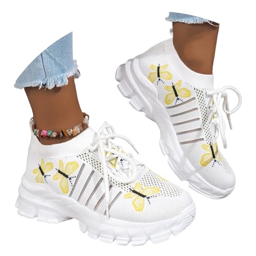 LDXEQIZ Plateau Sneaker Damen Schmetterlingsdruck Walkingschuhe Atmungsaktiv Strick Mesh Laufschuhe 2025 Sommer Schnürung Sportschuhe Leicht Weiche Sohle Joggingschuhe(41 EU) von LDXEQIZ