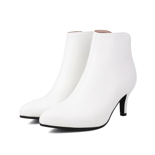 LDXEQIZ Pointed Toe Stiefeletten Damen Absatz Kurz Stiefel Winter PU-Leder Booties Plüsch Gefüttert Ankle Boots Warm Schneestiefel Elegant Knöchel Schuhe Für Party(White,38 EU) von LDXEQIZ