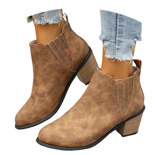 LDXEQIZ Pull-on Stiefeletten Damen Retro Kurz Stiefel Bequeme Ankle Boots Mit Blockabsatz Große Größe Booties Mit Seitlichem Reißverschluss Frühling Knöchel Schuhe(Brown,42 EU) von LDXEQIZ