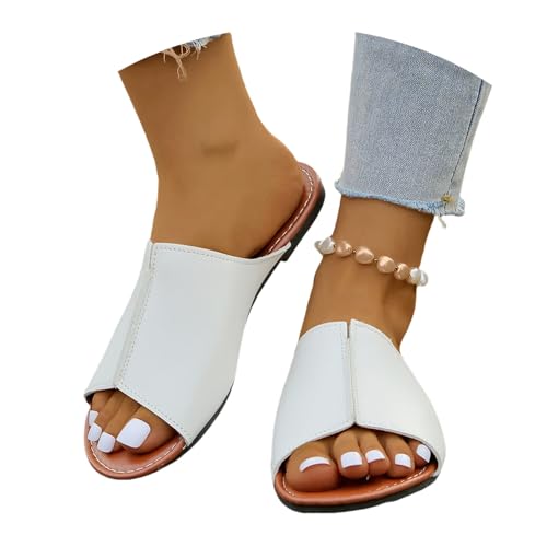 LDXEQIZ Sommer PU-Leder Hausschuhe Damen Offener Zehen Sandalen Leichte Weiche Sohle Schlappen Bequeme Flache Pantoffeln 2025 Vintage Römische Slippers Outdoor Strandschuhe(White,36 EU) von LDXEQIZ