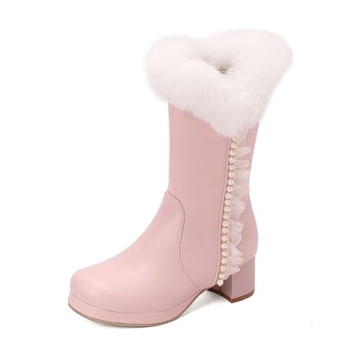 LDXEQIZ Square Toe Stiefeletten Damen Elegant Kurz Stiefel Mit Perle Plüsch Gefüttert Ankle Boots PU-Leder Booties Mit Blockabsatz Winter Warm Schneestiefel Plateau Knöchel Schuhe(Pink,36 EU) von LDXEQIZ