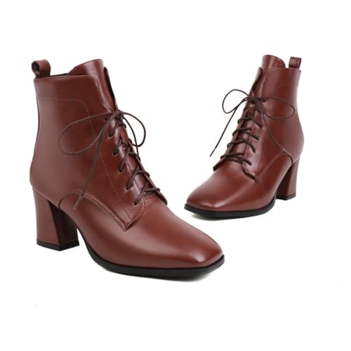 LDXEQIZ Square Toe Stiefeletten Damen Schnürstiefel Elegant Chelsea Ankle Boots PU-Leder Booties Mit Blockabsatz Elegant Abend Knöchel Schuhe Für Party(Brown,36 EU) von LDXEQIZ