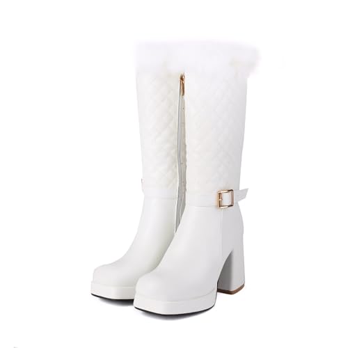 LDXEQIZ Square Toe Stiefeletten Damen Warm Schneestiefel Mit Plüschkragen Fashion Ankle Boots Mit Schnalle Plateau Booties Mit Blockabsatz PU-Leder Knöchel Schuhe Für Outdoor, Party(White,39 EU) von LDXEQIZ