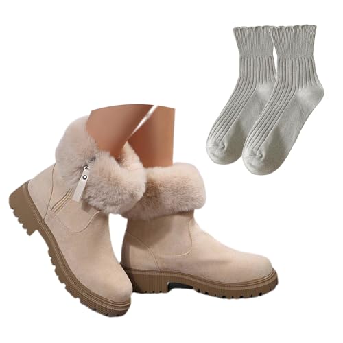 LDXEQIZ Stiefeletten Damen Winter Schneestiefel Plüsch Gefüttert Warm Ankle Boots Wasserdicht Wildleder Kurz Stiefel Herbst Winter Plateau Booties Freizeit Knöchel Schuhe Für Outdoor(Beige,42 EU) von LDXEQIZ