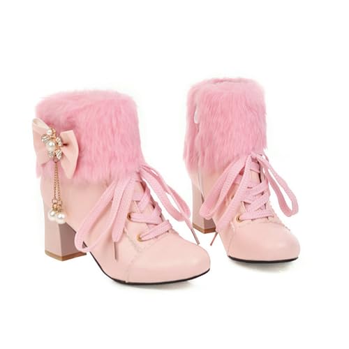 LDXEQIZ Süß Stiefeletten Mit Plüschkragen + Schleife + Strasssteine ​​+ Perlen,Blockabsatz Schnürung Kurz Stiefel PU-Leder Ankle Boots Ggroße Größe Knöchel Schuhe Für Hochzeit(Pink,39 EU) von LDXEQIZ