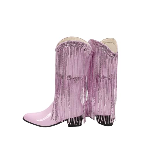 LDXEQIZ Vintage Hohe Stiefel Mit Pailletten Fransen Damen Western Cowboy Stiefel Blockabsatz Langschaft Boots PU-Lackleder Ritterstiefel Herbst Winter Schuhe Klassiker Schlupfstiefel(Pink,40 EU) von LDXEQIZ