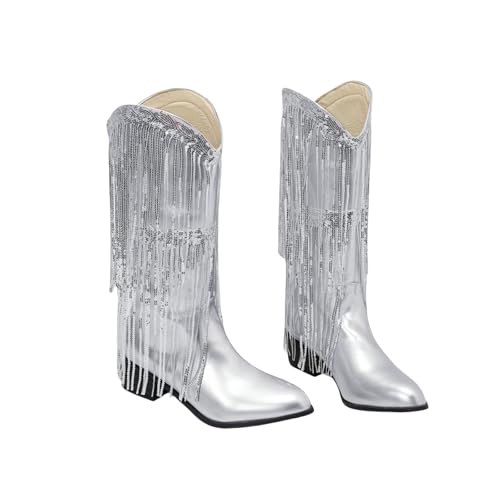 LDXEQIZ Vintage Hohe Stiefel Mit Pailletten Fransen Damen Western Cowboy Stiefel Blockabsatz Langschaft Boots PU-Lackleder Ritterstiefel Herbst Winter Schuhe Klassiker Schlupfstiefel(Silver,38 EU) von LDXEQIZ