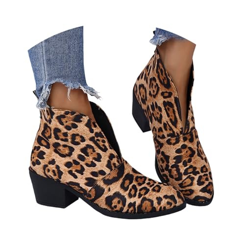 LDXEQIZ Vintage Hohl Stiefeletten Damen 2025 Frühling Kurze Stiefel Elegant Blockabsatz Ankle Boots Retro Britischerstil Biker Booties Große Größe Casual Knöchel Schuhe(Leopard,41 EU) von LDXEQIZ