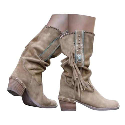 LDXEQIZ Vintage Kniehohe Stiefel Mit Fransen Damen Western Cowboy Stiefel Blockabsatz Langschaft Boots Wildleder Ritterstiefel Mit Niet Herbst Winter Schuhe Für Outdoor(Beige,39 EU) von LDXEQIZ