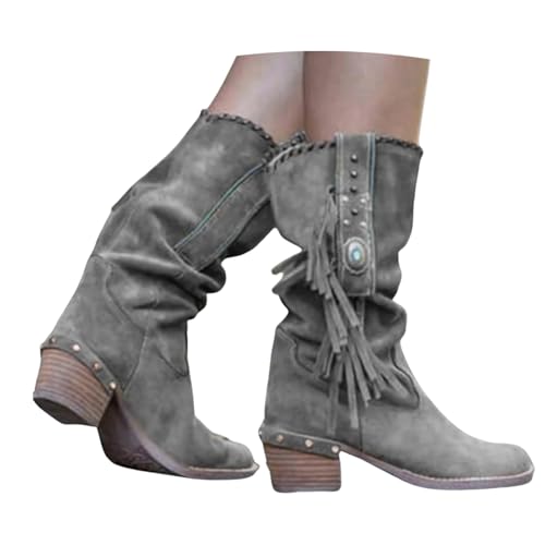 LDXEQIZ Vintage Kniehohe Stiefel Mit Fransen Damen Western Cowboy Stiefel Blockabsatz Langschaft Boots Wildleder Ritterstiefel Mit Niet Herbst Winter Schuhe Für Outdoor(Gray,41 EU) von LDXEQIZ