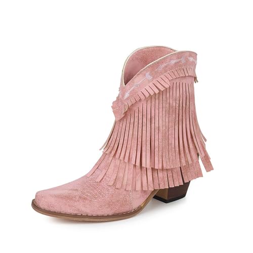 LDXEQIZ Vintage Kurz Stiefel Mit Fransen Damen Western Cowboy Stiefeletten Square Toe Ankle Boots Mit Blockabsatz Wildleder Slip-on Booties Frühling Knöchel Schuhe Für Outdoor(Pink,39 EU) von LDXEQIZ