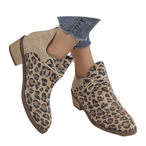 LDXEQIZ Vintage Kurz Stiefel Mit Leopardenmuster Damen Elegant Ankle Boots Mit Blockabsatz Frühling Stiefeletten Wildleder Booties Mit Reißverschluss Freizeit Knöchel Schuhe(Gray,38 EU) von LDXEQIZ