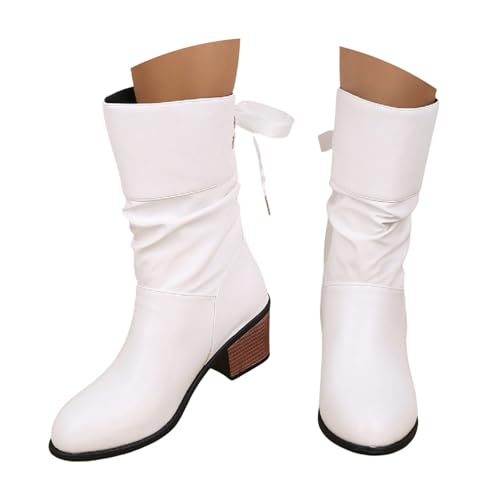 LDXEQIZ Vintage Schnürstiefel Damen PU-Leder Stiefeletten Blockabsatz Booties Comfortable Walking Boots(White,39 EU) von LDXEQIZ