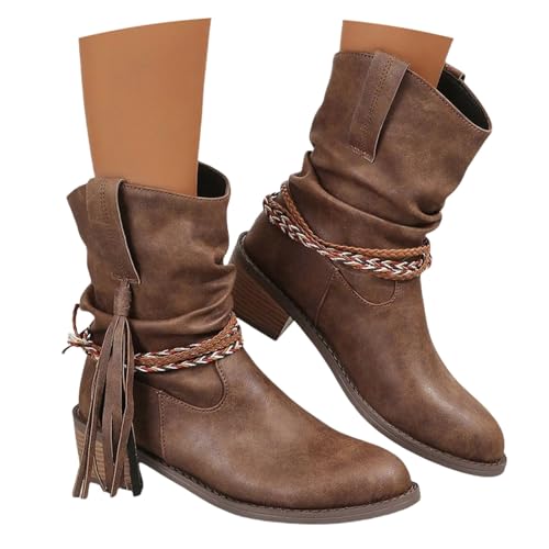 LDXEQIZ Vintage Stiefeletten Mit Fransen Damen Western Cowboy Stiefel Bequeme Ankle Boots Mit Blockabsatz Pull-on Booties PU-Leder Knöchel Schuhe Für Frühling(Brown,37 EU) von LDXEQIZ