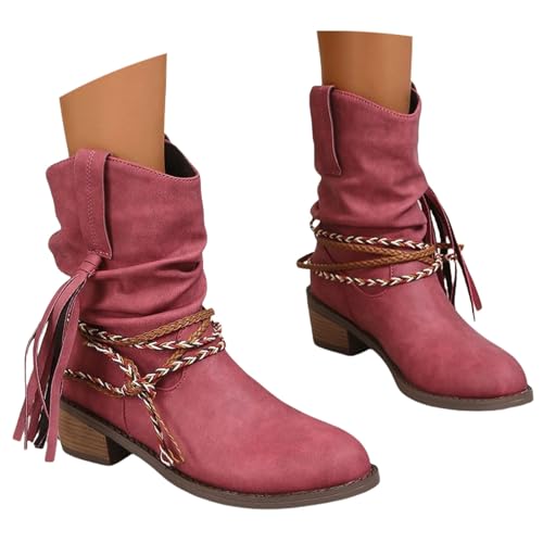 LDXEQIZ Vintage Stiefeletten Mit Fransen Damen Western Cowboy Stiefel Bequeme Ankle Boots Mit Blockabsatz Pull-on Booties PU-Leder Knöchel Schuhe Für Frühling(Red,38 EU) von LDXEQIZ