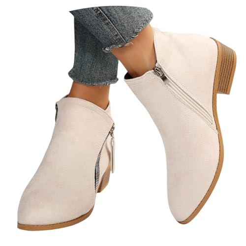 LDXEQIZ Vintage Wildleder Stiefeletten Damen Chelsea Kurz Stiefel Mit Blockabsatz Große Größe Ankle Boots Fashion Pointed Toe Booties Herbst Winter Lässige Knöchel Schuhe(Beige,37 EU) von LDXEQIZ