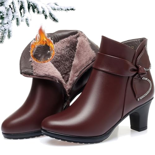 LDXEQIZ Warm Kurz Stiefel Mit Blockabsatz Damen Stiefeletten Mit Strassschleife Plüsch Gefüttert Schneestiefel Outdoor Wasserdicht Ankle Boots PU-Leder Booties Bequeme Knöchel Schuhe(Brown,36 EU) von LDXEQIZ