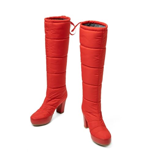 LDXEQIZ Warme Daunenstiefel Damen Langschaft Boots Mit Blockabsatz Winter Plüsch Gefüttert Schneestiefel Plateau Wasserdicht Schnürstiefel Elegant High-Heel(Red,38 EU) von LDXEQIZ