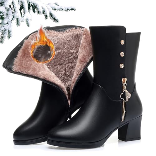 LDXEQIZ Wasserdicht Kurz Stiefel Damen Strass Stiefeletten Blockabsatz Ankle Boots Plüsch Gefüttert Schneestiefel Winter Warm Booties PU-Leder Knöchel Schuhe Für Mutter(Black,37 EU) von LDXEQIZ