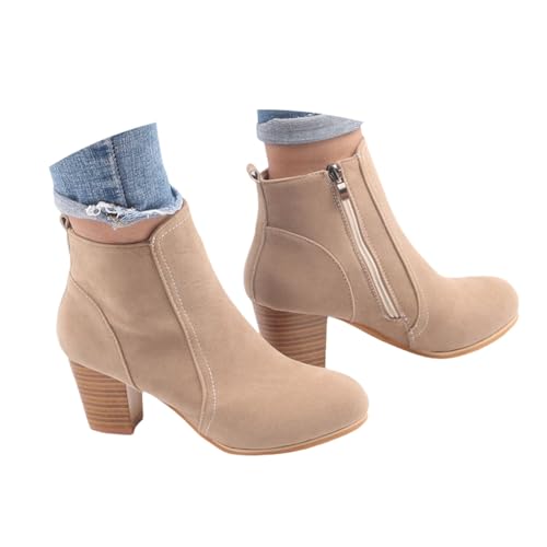 LDXEQIZ Wildleder Kurze Stiefel Damen 2025 Frühling Stiefeletten Elegant Blockabsatz Ankle Boots Große Größe Casual Booties Outdoors rutschfest Knöchel Schuhe(Beige,36 EU) von LDXEQIZ