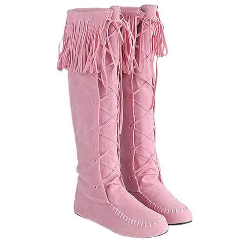 LDXEQIZ Wildleder Schnürstiefel Damen Retro Western Cowboy Boots Mit Fransen Kniehohe Hohe Stiefel Warm Plüsch Gefüttert Schneestiefel Winter Baumwoll Schuhe Für Outdoor(Pink,36 EU) von LDXEQIZ