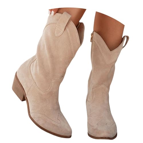 LDXEQIZ Wildleder Stiefeletten Damen Elegant Halbstiefel Mit Blockabsatz Retro Western Schlupfstiefel Cowboy Ankle Boots Pointed Toe Knöchel Schuhe(Beige,37 EU) von LDXEQIZ