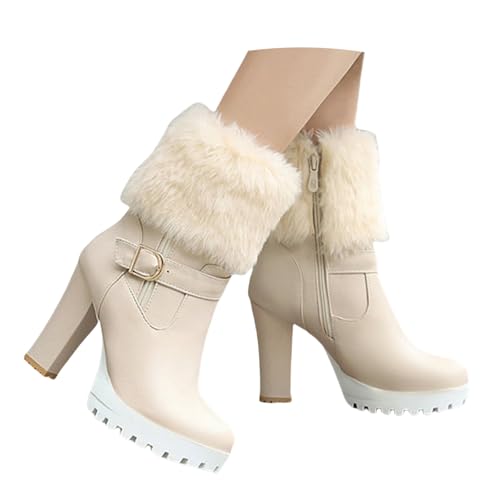 LDXEQIZ Winter Plateau Stiefeletten Damen Weihnachten Kurz Stiefel Elegant PU-Leder Ankle Boots Mit Blockabsatz Plüsch Gefüttert Schneestiefel Warm Baumwollschuhe Große Größe 36-43(Beige,38 EU) von LDXEQIZ