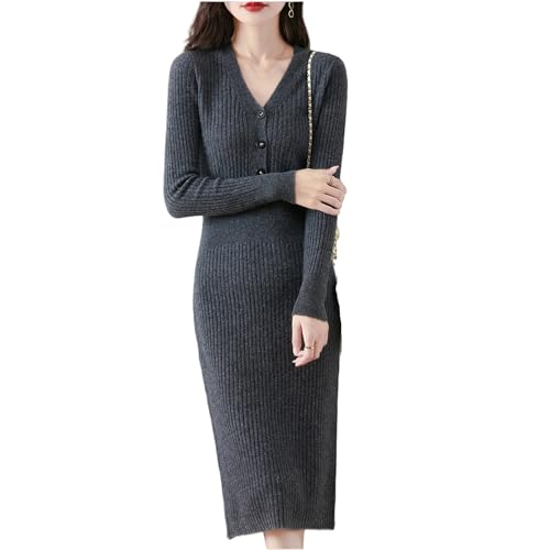 LDXEQIZ Wolle Strickkleid Damen V-Ausschnitt Langarm Pulloverkleid Elegant Jumper Kaschmirkleider Herbst Winter Warm Pullikleid Stretch Sweater Dress(Gray,M) von LDXEQIZ