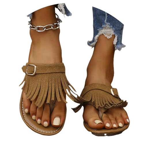 LDXEQIZ Zehentrenner Damen Vintage Sandalen Mit Fransen Wildleder Open Toe Slingback Hausschuhe Casual Flache Schlappen Bohemian Sandals Mit Schnalle Sommerschuhe Für Pool/Strand(Brown,41 EU) von LDXEQIZ