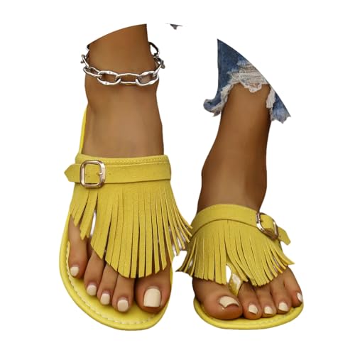 LDXEQIZ Zehentrenner Damen Vintage Sandalen Mit Fransen Wildleder Open Toe Slingback Hausschuhe Casual Flache Schlappen Bohemian Sandals Mit Schnalle Sommerschuhe Für Pool/Strand(Yellow,38 EU) von LDXEQIZ