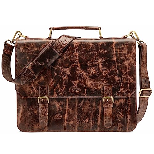 LEABAGS Leder Aktentasche Herren & Damen I Echtleder Laptoptasche bis 15 Zoll I Umhängetasche mit Schultergurt I Schultertasche I Messenger Bag I Arbeitstasche I Lehrertasche I Brown Marble von LEABAGS