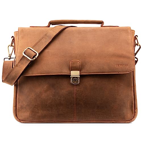 LEABAGS Leder Umhängetasche Herren Aktentasche Vintage Laptoptasche Messenger Bag für 15 Zoll Laptop, Umhängetasche mit Schultergurt, Notebooktasche Leder，Arbeitstasche,Schultertasche（Fox） von LEABAGS