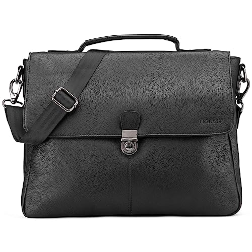 LEABAGS Leder Umhängetasche Herren Aktentasche Vintage Laptoptasche Messenger Bag für 15 Zoll Laptop, Schultertasche mit Schultergurt, Notebooktasche Leder，Arbeitstasche（Nappa Schwarz） von LEABAGS