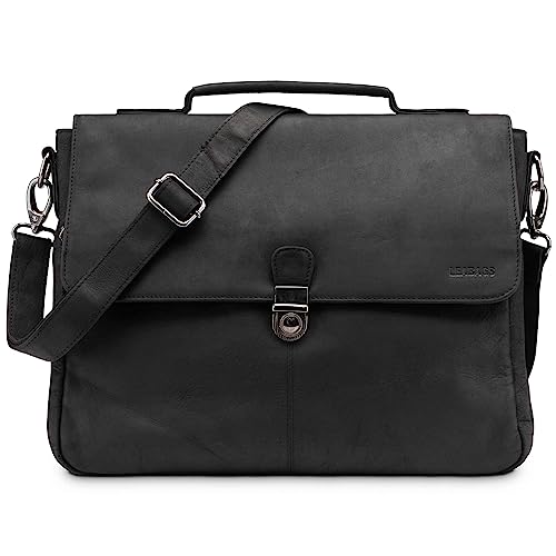 Leder Umhängetasche Herren Aktentasche - LEABAGS Vintage Laptoptasche Messenger Bag für 15 Zoll Laptop, Schultertasche mit Schultergurt, Notebooktasche Leder，Arbeitstasche（Nature Schwarz） von LEABAGS