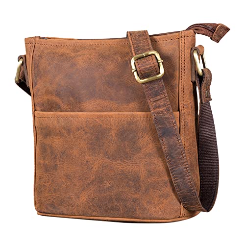 LEABAGS Leder Handtasche Damen I Premium Echtleder Umhängetasche I Damen Schultertasche I Damentasche I Tragetasche für Arbeit Uni Schule Freizeit I Größe M (24 x 23 x 6 cm) I Fox von LEABAGS