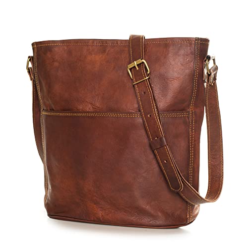 LEABAGS Leder Handtasche Damen I Premium Echtleder Umhängetasche I Damen Schultertasche I Damentasche I Tragetasche für Arbeit Uni Schule Freizeit I Größe L (31 x 29 x 6 cm) I Vintage Cognac von LEABAGS