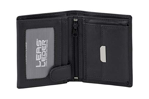 Mini Geldbörse mit Riegel extra dünn im Hochformat, flaches Portemonnaie mit RFID Schutz Folie mit Geschenk Box LEAS in Echt-Leder, schwarz von LEAS