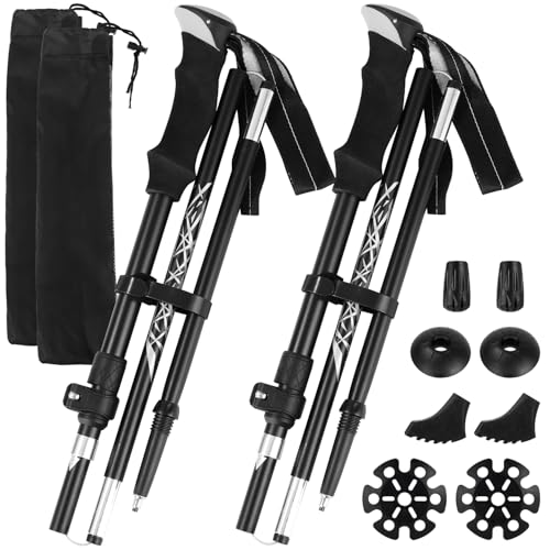 LEAZZLE Wanderstöcke Teleskop Faltbar, Nordic Walking Stöcke Verstellbar 110-130 cm | Aluminium & Carbon, Trekkingstöcke mit extra Gummipuffer und Tragebeutel, Wanderstock für Trekking Damen & Herren von LEAZZLE