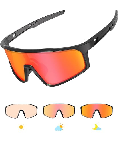 LECAGE Photochrome Fahrradbrille Herren Damen Selbsttönend Sportbrille mit Sehstärke Clip Schnelle Brille UV400-Schutz Sport Sonnenbrille TR90-Rahmen Rennrad Brille (C01 Schwarz/Rot) von LECAGE