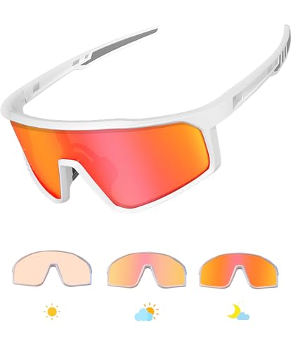 LECAGE Photochrome Fahrradbrille Herren Damen Selbsttönend Sportbrille mit Sehstärke Clip Schnelle Brille UV400-Schutz Sport Sonnenbrille TR90-Rahmen Rennrad Brille (C05 Weiß/Rot) von LECAGE