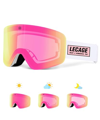 LECAGE Photochrome Skibrille Herren Damen Rahmenlose Selbsttönend Snowboard Brille für Brillenträger Anti-Beschlag UV-Schutz Kompatibler Helm Schneesportbrille für Alle Wetterverhältnisse (Rosa) von LECAGE