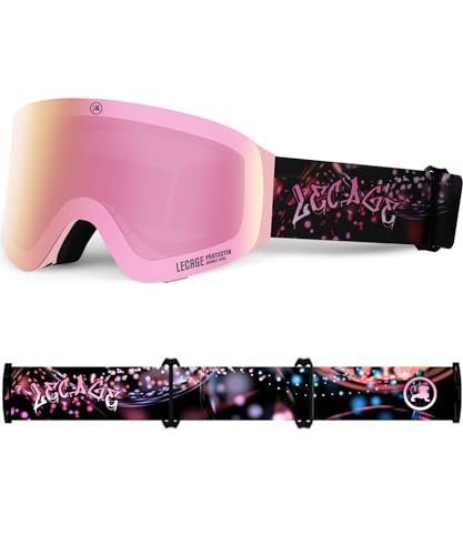 LECAGE Rahmenlose Aufklappbare Skibrille für Brillenträger mit Magnetischer Snowboard Brille Anti-Nebel Schneebrille UV Schutz Skibrille Verspiegelt für Herren Damen (Rosa) von LECAGE