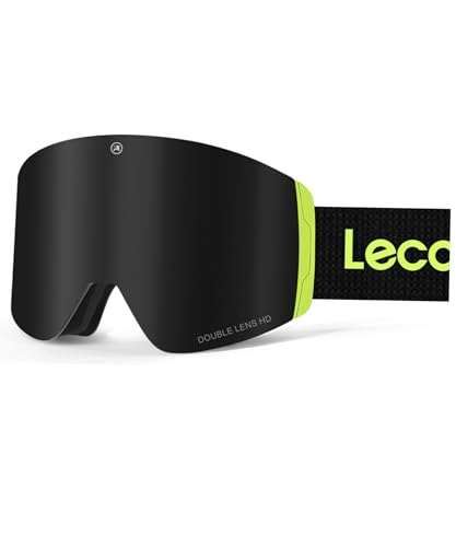 LECAGE Rahmenlose Skibrille Herren Magnetische Wechselglas Snowboard Brille Anti-Nebel UV-Schutz Ski Brille für Brillenträger Schneebrille zum Skifahren (Schwarz & Grün) von LECAGE