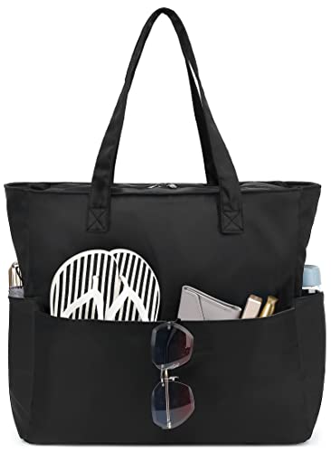 LEDAOU Große Strandtasche mit reißverschluss Damen Wasserdicht Umhängetasche Tragetasche shopper sanddicht mit Reißverschluss Pool Fitness Reisetasche familie (L-Schwarz) von LEDAOU