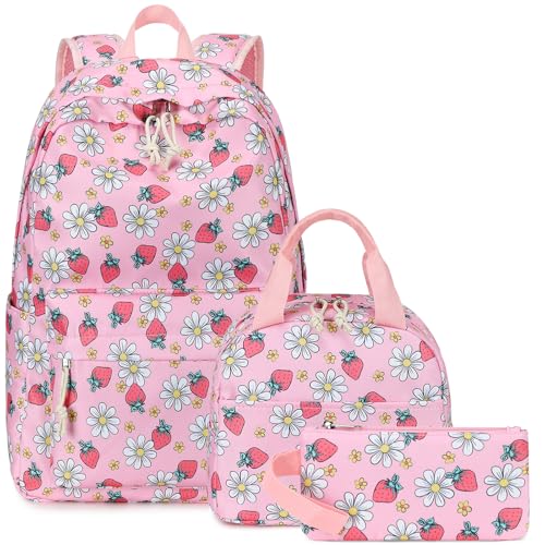 LEDAOU Rucksack für Mädchen, Schultasche, Kinder, Büchertasche, Teenager-Rucksack-Set, Tagesrucksack mit Lunchtasche und Federmäppchen, Pink-gelbe und weiße kleine Blumen von LEDAOU